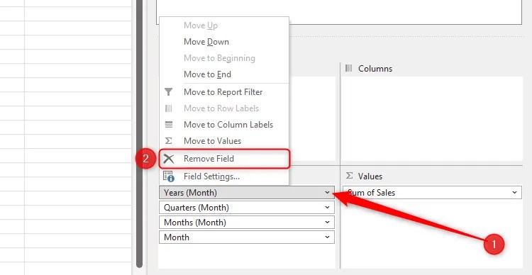 The right-click menu of a field in the Rows box of Excel&rsquo;s PivotTable Fields pane is expanded, and Remove Field is selected.