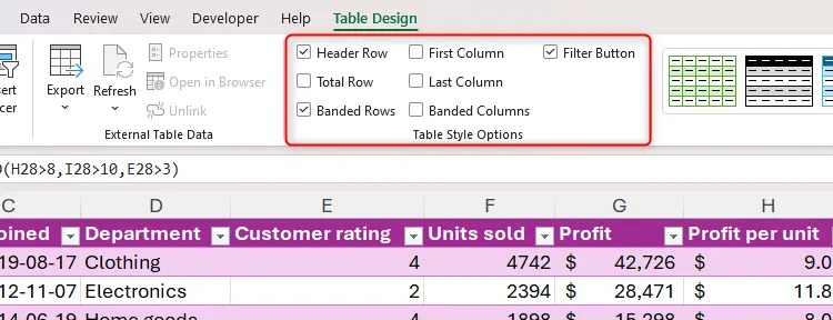 The Table Style Options group in Excel&rsquo;s Table Design tab on the ribbon.