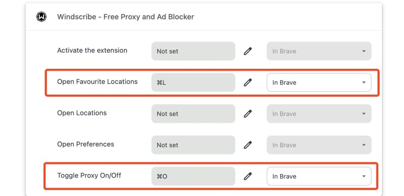 The Windscribe extension settings in Brave browser.