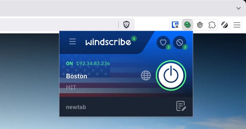 The Windscribe VPN browser extension.