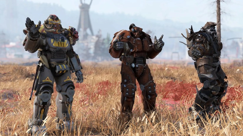 Three players in Fallout 76 wearing full power armor.