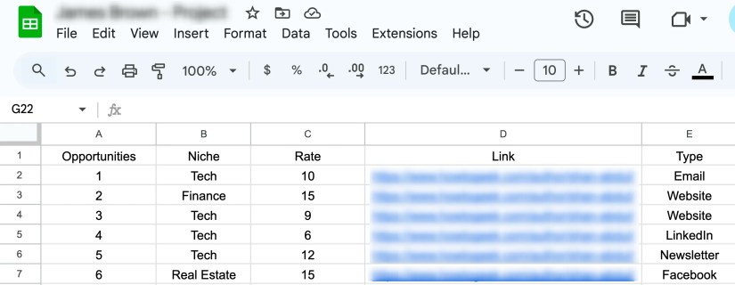 Using a spreadsheet to track freelance opportunities in Google Sheets.