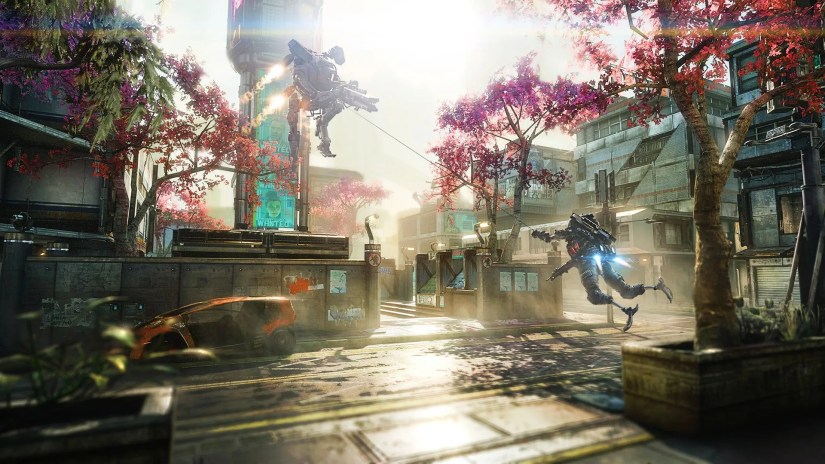 Two players attached by a cable flying near each other in Titanfall 2.