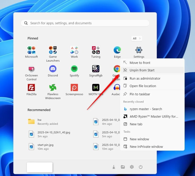 Unpinning Microsoft Edge in the Start Menu.