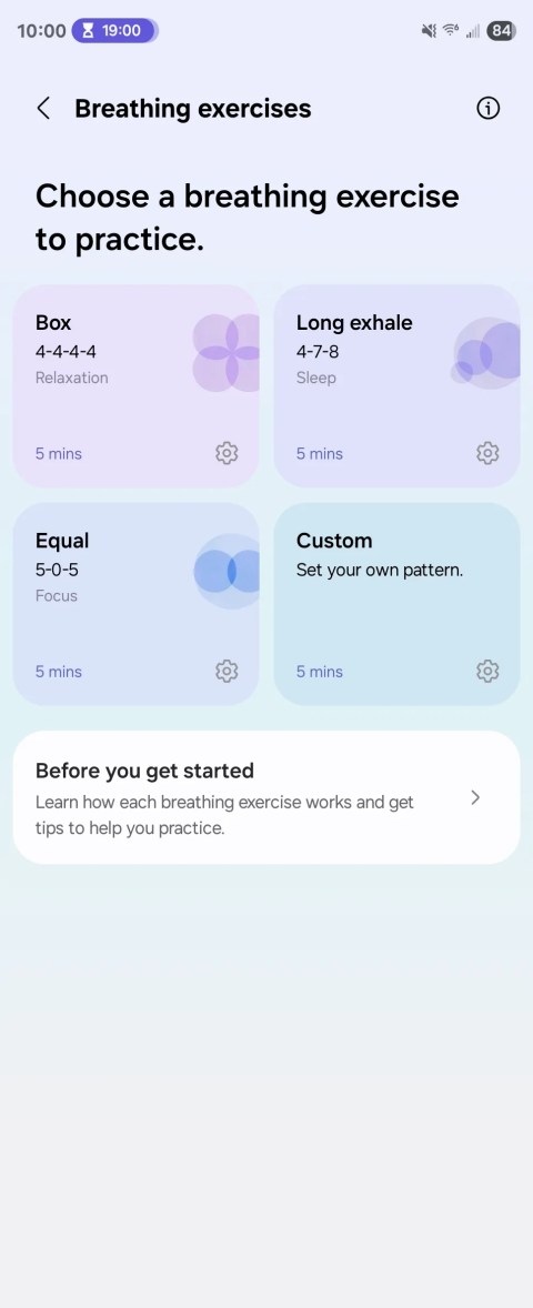 Various breathing exercises within Samsung Health.