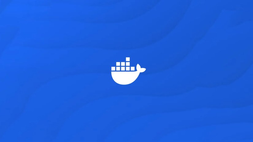 White docker logo on a blue background with lines.