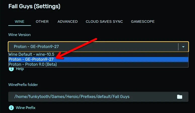 Wine settings in Heroic Games Launcher with a red arrow pointing to the GE-Proton option in the Wine Version dropdown menu.