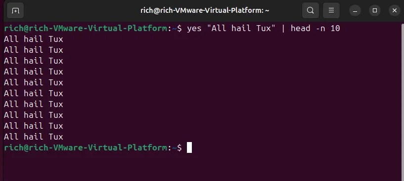 A terminal screenshot showing the output of the command yes &ldquo;All hail Tux&rdquo; | head -n 10.