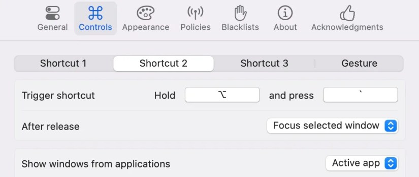 Setting up a shortcut in AltTab to open windows from the active app.