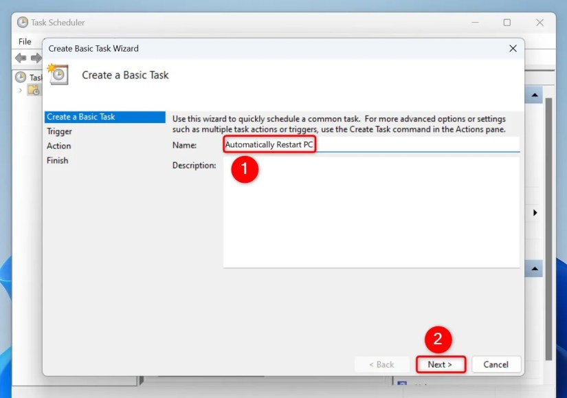 &ldquo;Name&rdquo; and &ldquo;Next&rdquo; highlighted on the &ldquo;Create Basic Task Wizard&rdquo; window.