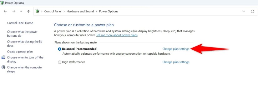 &ldquo;Change Plan Settings&rdquo; highlighted for the current power plan.