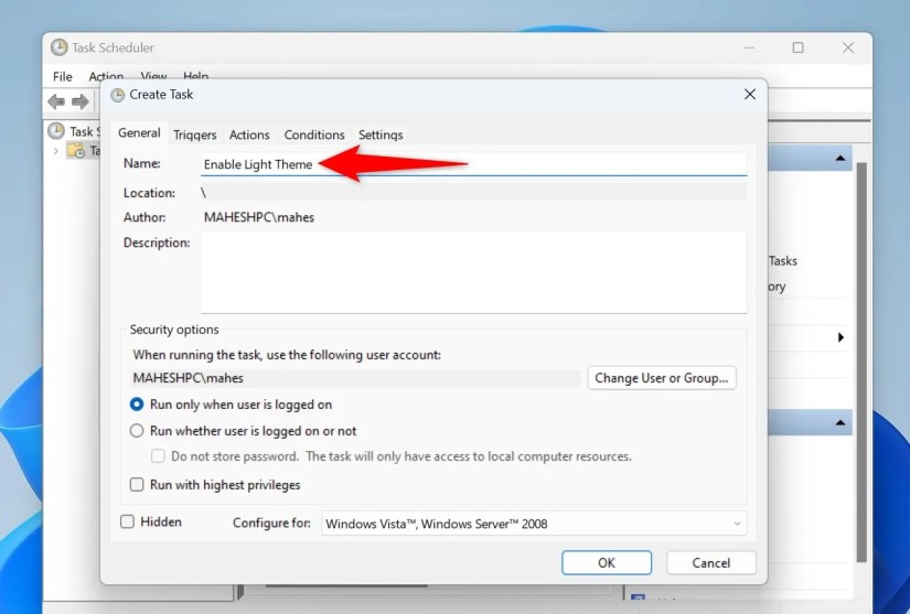 &ldquo;Name&rdquo; highlighted on the &ldquo;Create Task&rdquo; window.