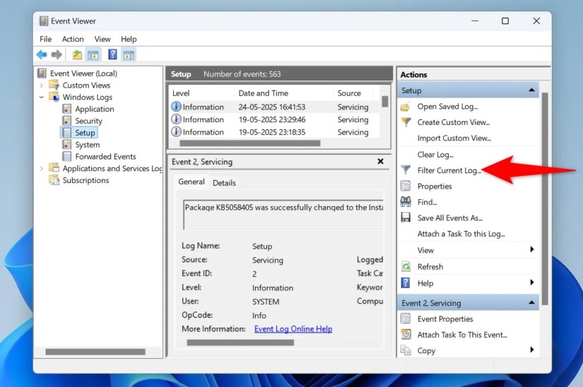 &ldquo;Filter Current Log&rdquo; highlighted in Event Viewer.