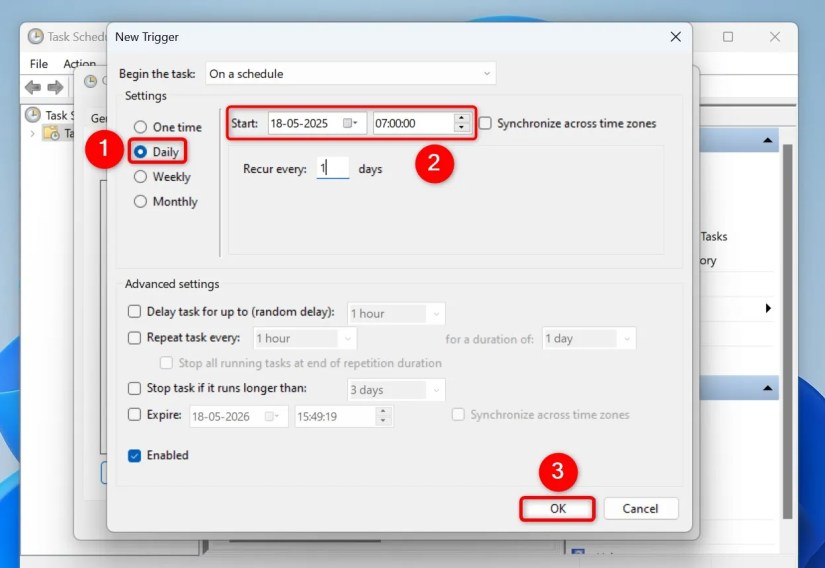 &ldquo;Daily,&rdquo; &ldquo;Start,&rdquo; and &ldquo;OK&rdquo; highlighted on the &ldquo;New Trigger&rdquo; window.