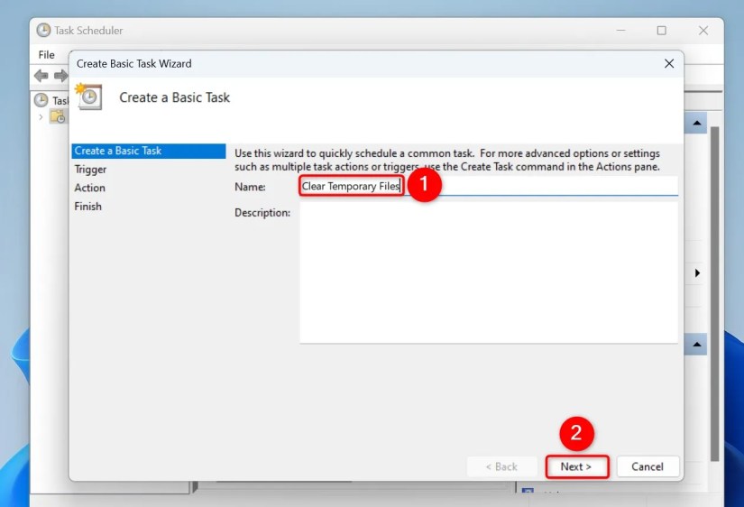 &ldquo;Name&rdquo; and &ldquo;Next&rdquo; highlighted on the &ldquo;Create Basic Task Wizard&rdquo; window.