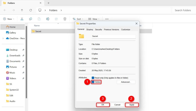 &ldquo;Hidden,&rdquo; &ldquo;Apply,&rdquo; and &ldquo;OK&rdquo; highlighted on a folder&rsquo;s &ldquo;Properties&rdquo; window.