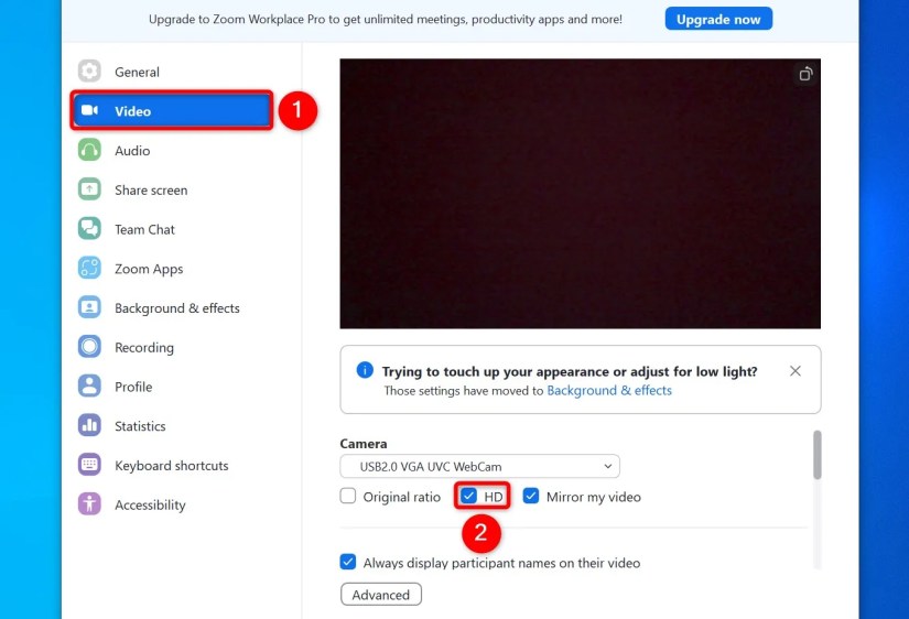 &ldquo;Video&rdquo; and &ldquo;HD&rdquo; highlighted in Zoom Settings.