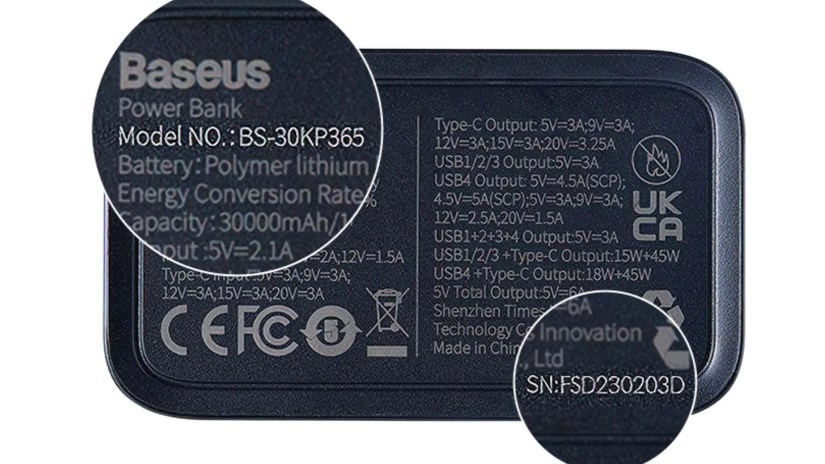 Bottom of the recalled Baseus battery with its model number and serial number highlighted.