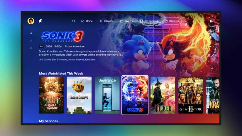 The redesigned Plex TV app on a smart TV.