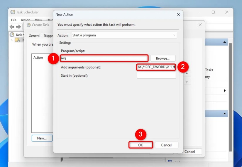 &ldquo;Program/Script,&rdquo; &ldquo;Add Arguments (Optional),&rdquo; and &ldquo;OK&rdquo; highlighted on the &ldquo;New Action&rdquo; window.