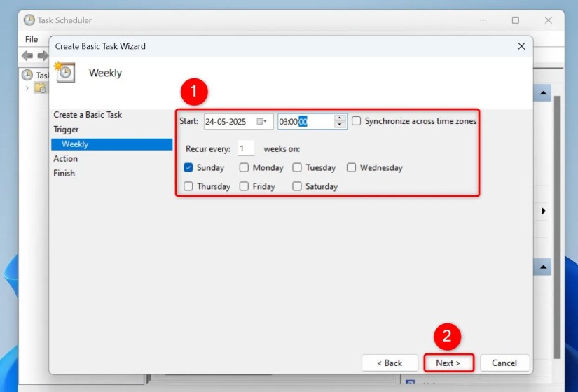 &ldquo;Start&rdquo; and &ldquo;Next&rdquo; highlighted on the &ldquo;Create Basic Task Wizard&rdquo; window.