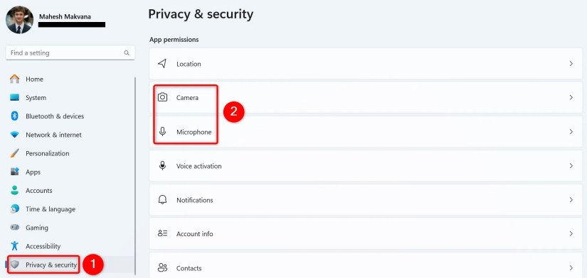 &ldquo;Privacy &amp; Security,&rdquo; &ldquo;Camera,&rdquo; and &ldquo;Microphone&rdquo; highlighted in Windows 11 Settings.