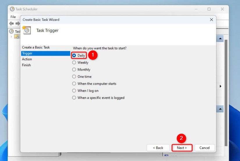 &ldquo;Daily&rdquo; and &ldquo;Next&rdquo; highlighted on the &ldquo;Create Basic Task Wizard&rdquo; window.