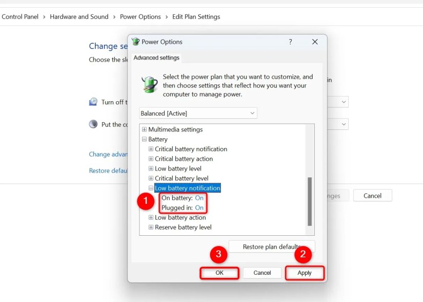 &ldquo;Low Battery Notification&rdquo; options and other items highlighted on the &ldquo;Power Options&rdquo; window.