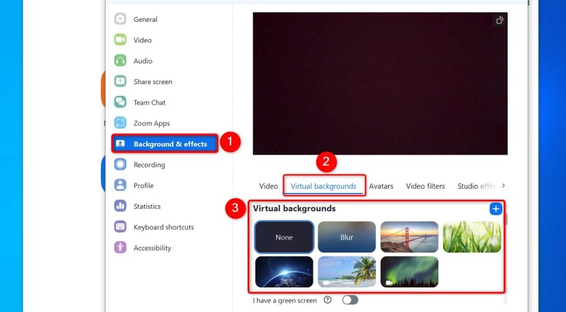 &ldquo;Background &amp; Effects,&rdquo; &ldquo;Virtual Backgrounds,&rdquo; and multiple backgrounds highlighted in Zoom Settings.
