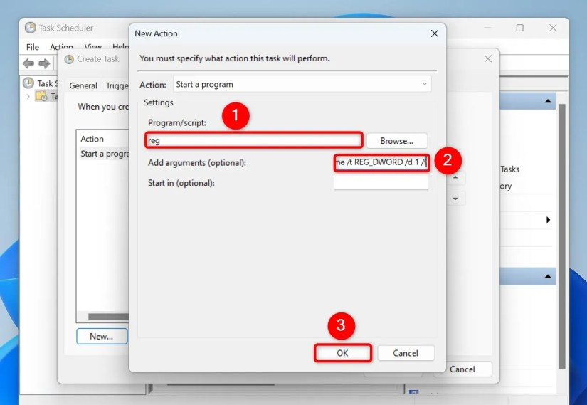 &ldquo;Program/Script,&rdquo; &ldquo;Add Arguments (Optional),&rdquo; and &ldquo;OK&rdquo; highlighted on the &ldquo;New Action&rdquo; window.