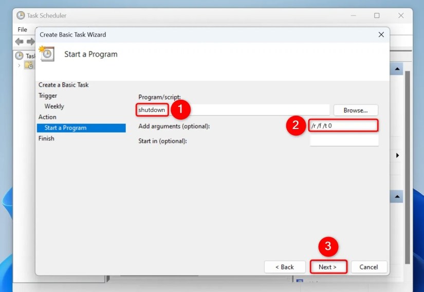 &ldquo;Program/Script,&rdquo; &ldquo;Add Arguments (Optional),&rdquo; and &ldquo;Next&rdquo; highlighted on the &ldquo;Create Basic Task Wizard&rdquo; window.