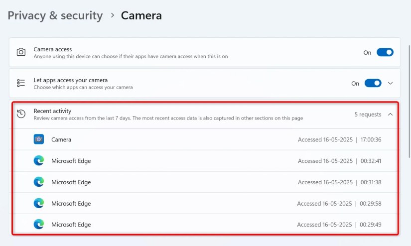 &ldquo;Recent Activity' highlighted for camera access in Windows 11 Settings.