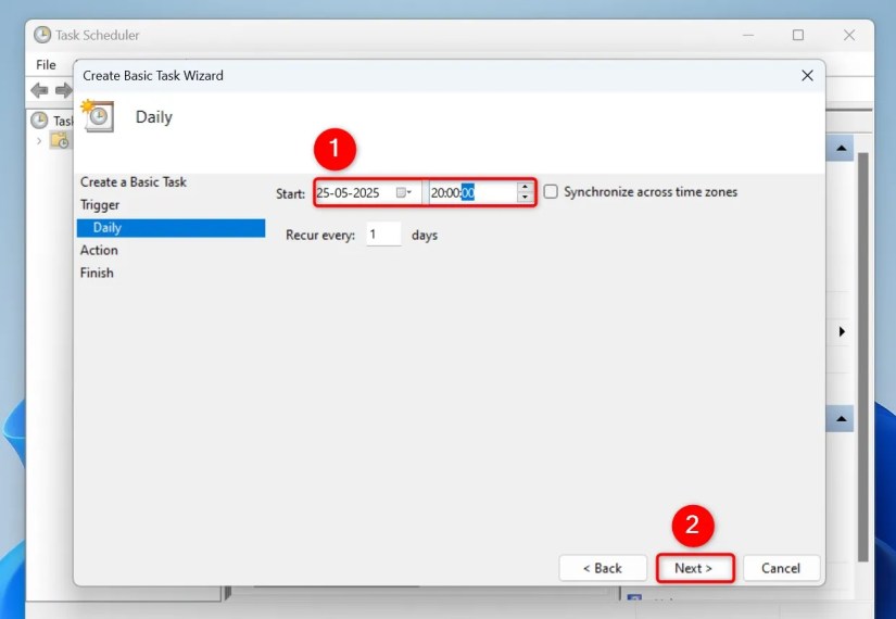 &ldquo;Start&rdquo; and &ldquo;Next&rdquo; highlighted on the &ldquo;Create Basic Task Wizard&rdquo; window.
