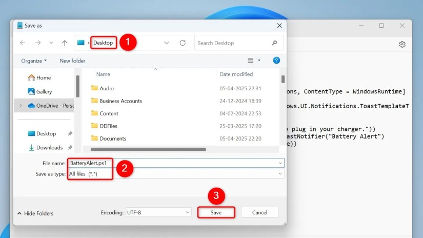 Various options highlighted on Notepad&rsquo;s &ldquo;Save As&rdquo; window.
