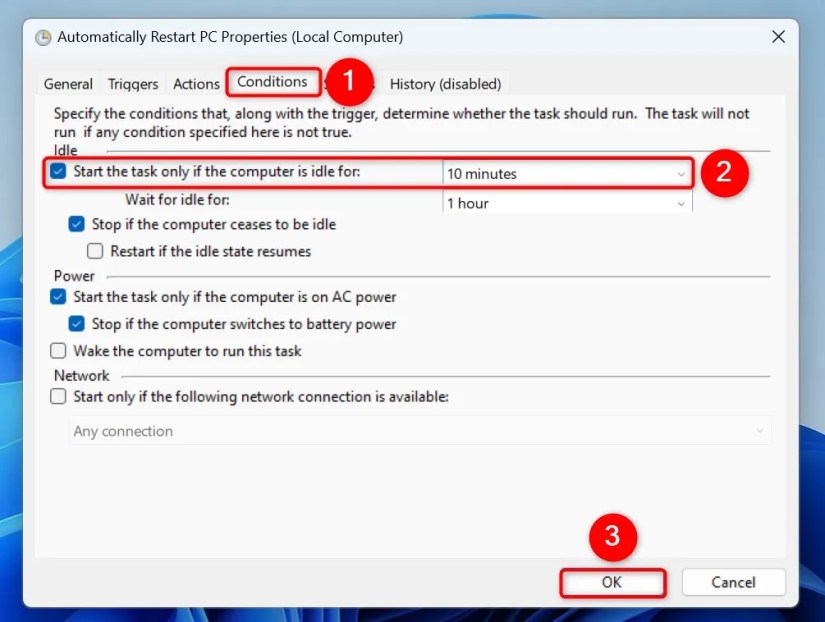 &ldquo;Conditions,&rdquo; an option, and &ldquo;OK&rdquo; highlighted on a task&rsquo;s &ldquo;Properties&rdquo; window.