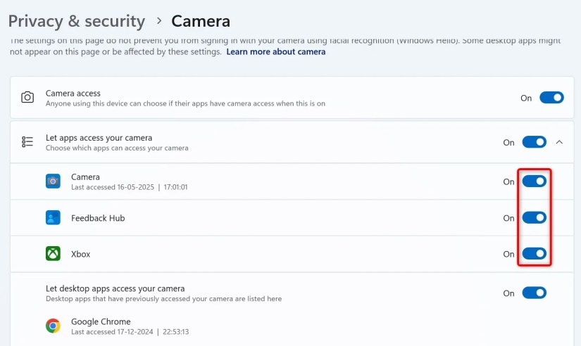 Toggles for camera access highlighted in Windows 11 Settings.