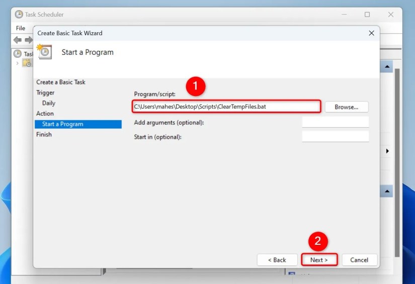 &ldquo;Program/Script&rdquo; and &ldquo;Next&rdquo; highlighted on the &ldquo;Create Basic Task Wizard&rdquo; window.