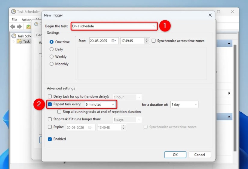 Two options highlighted on the &ldquo;New Trigger&rdquo; window.