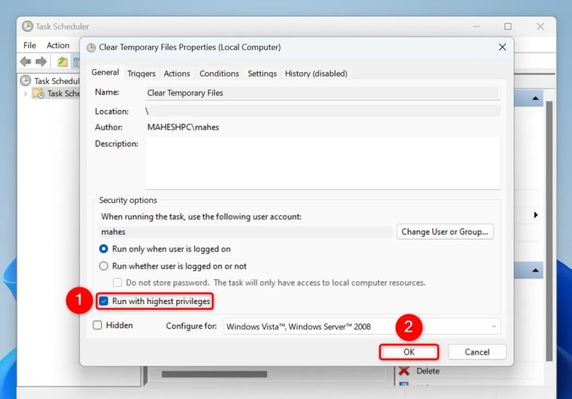 &ldquo;Run With Highest Privileges&rdquo; and &ldquo;OK&rdquo; highlighted on a task&rsquo;s &ldquo;Properties&rdquo; window.