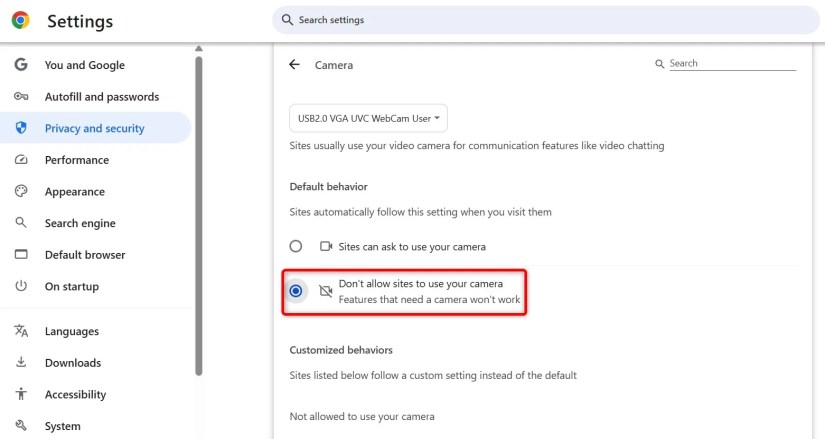&ldquo;Don’t Allow Sites to Use Your Camera&rdquo; highlighted in Google Chrome.