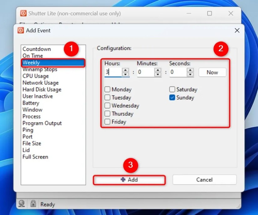 &ldquo;Weekly,&rdquo; &ldquo;Configuration,&rdquo; and &ldquo;Add&rdquo; highlighted in Shutter.