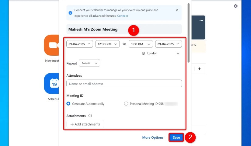 Meeting details section and &ldquo;Save&rdquo; highlighted in Zoom.