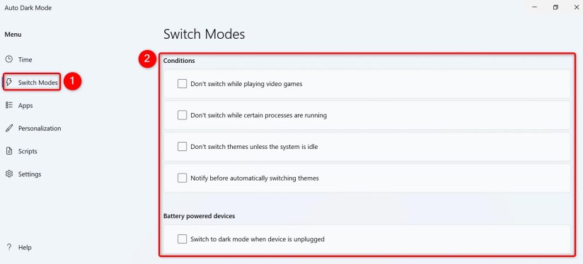 &ldquo;Switch Modes&rdquo; options highlighted in Auto Dark Mode.