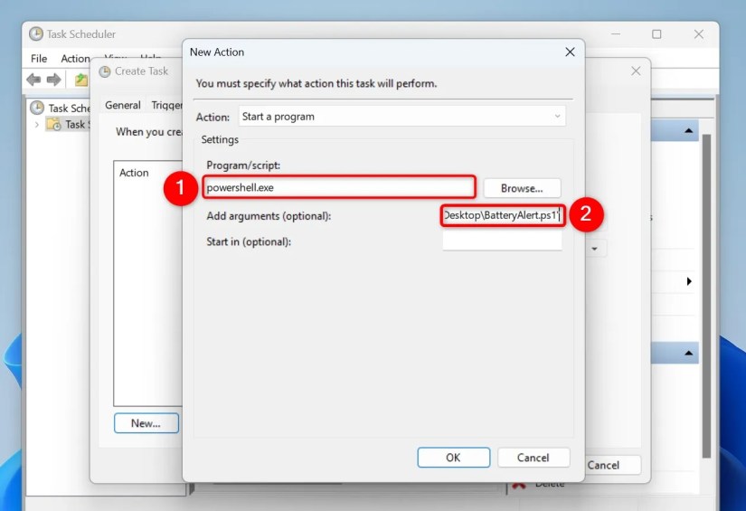 Two options highlighted on the &ldquo;New Action&rdquo; window.