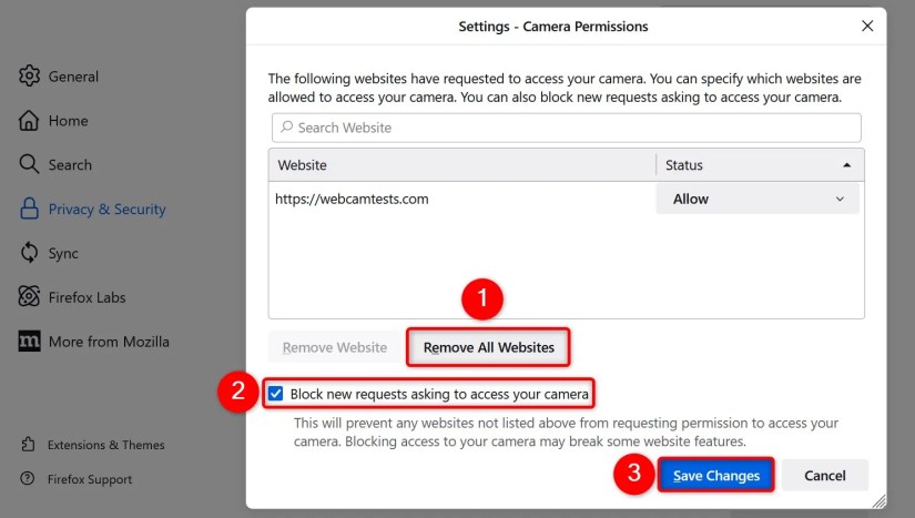 &ldquo;Remove All Websites,&rdquo; &ldquo;Block New Requests Asking to Access Your Camera,&rdquo; and &ldquo;Save Changes&rdquo; highlighted in Mozilla Firefox.