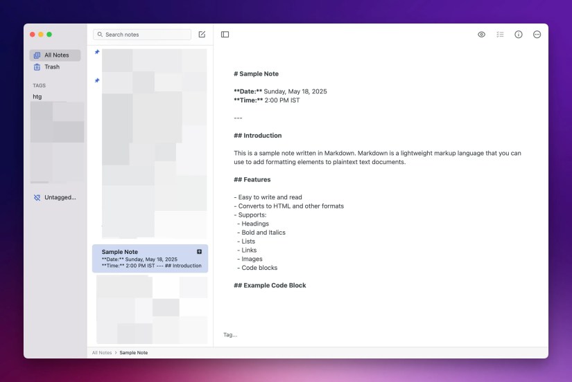 Writing a note in Simplenote using Markdown.