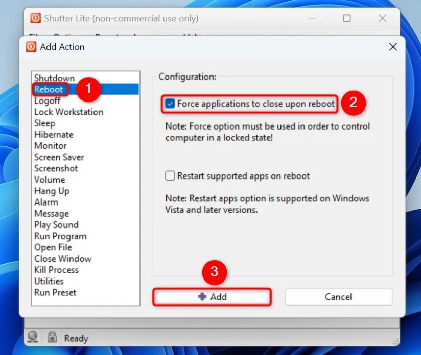 &ldquo;Reboot,&rdquo; &ldquo;Force Applications to Close Upon Reboot,&rdquo; and &ldquo;Add&rdquo; highlighted in Shutter.