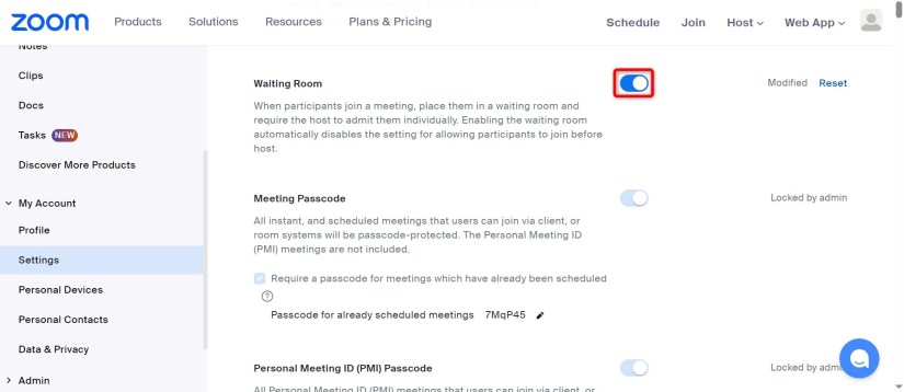 &ldquo;Waiting Room&rdquo; highlighted on the Zoom site.