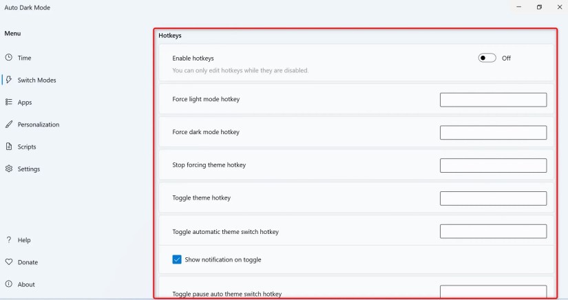 &ldquo;Hotkeys&rdquo; highlighted in Auto Dark Mode.
