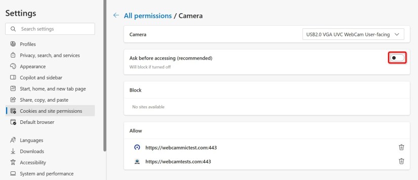 &ldquo;Ask Before Accessing (Recommended)&rdquo; for camera highlighted in Microsoft Edge.
